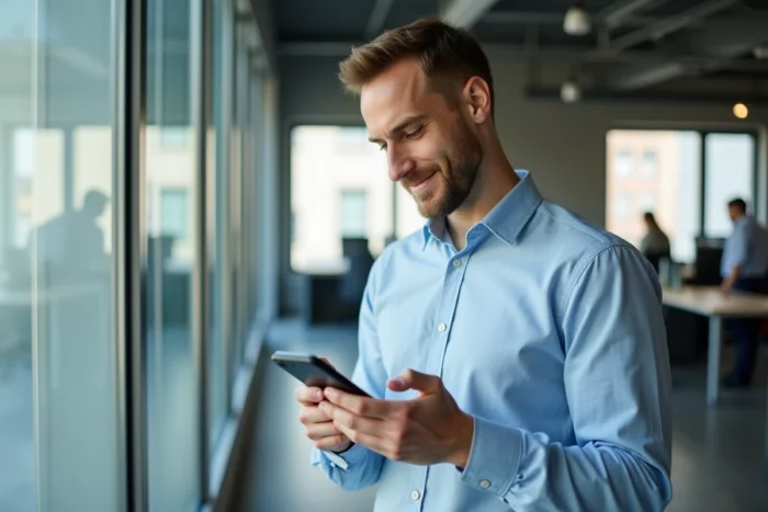 Homme en bureau activant un accès internet provisoire Free sur son smartphone pour rester connecté