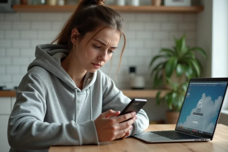 Jeune femme consultant son smartphone pour activer un accès provisoire Free 24h depuis sa cuisine