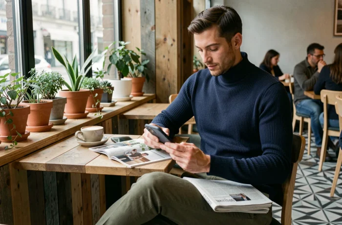 Homme tendance consultant un magazine de nouveautés saisonnières dans un café branché et moderne