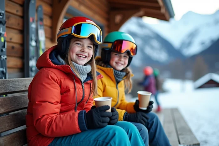 Deux adolescents en tenue de ski assis devant un chalet alpin autrichien pendant les vacances scolaires