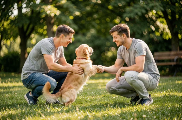 Couple adoptant un golden retriever nain dans un parc, chien joueur et affectueux en plein air illustrant la vie avec cette race