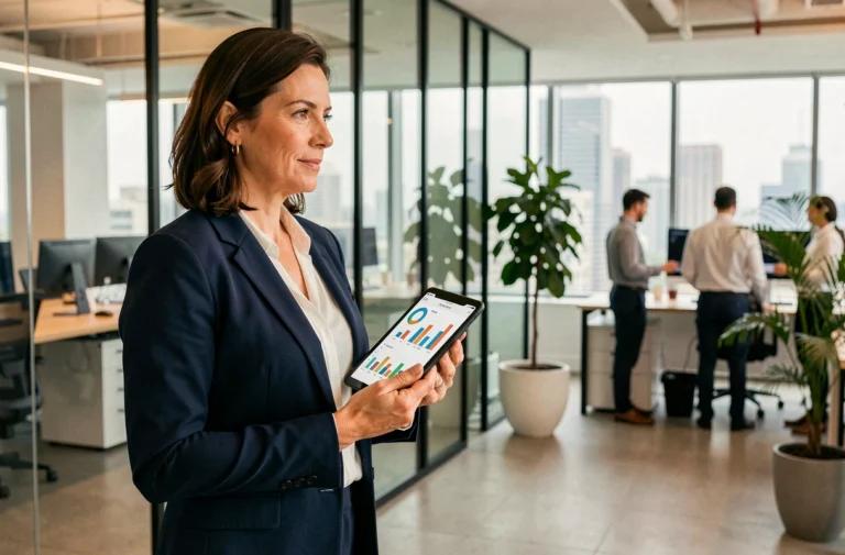 Directrice marketing B2B en agence moderne tenant une tablette avec des analytics, dans un bureau contemporain en France