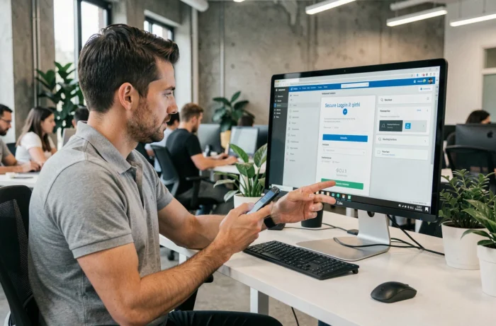 Agent immobilier iad consultant l'intranet sur un grand écran dans un espace de coworking moderne