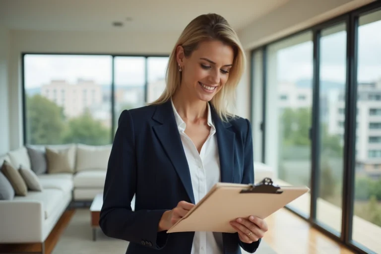 Agent immobilière professionnelle en veste bleue tenant un document d'estimation de bien immobilier dans un salon moderne