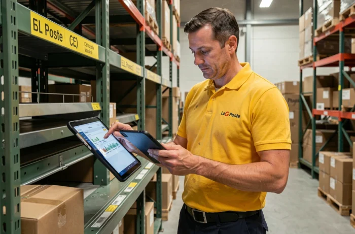 Agent de tri La Poste consultant le portail de commande de tenues professionnelles sur une tablette en entrepôt