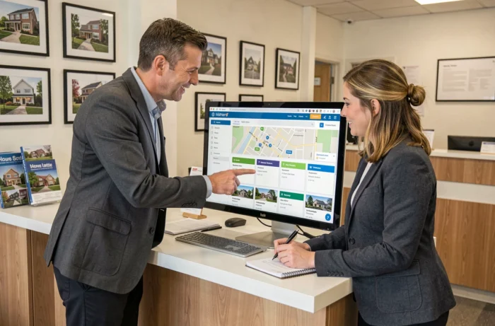 Deux agents immobiliers analysant ensemble le plan de navigation d'un site immobilier professionnel