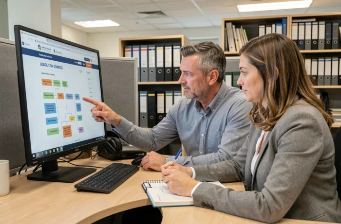 Deux agents municipaux collaborant sur la carte du site d'un portail de communauté de communes dans un bureau administratif