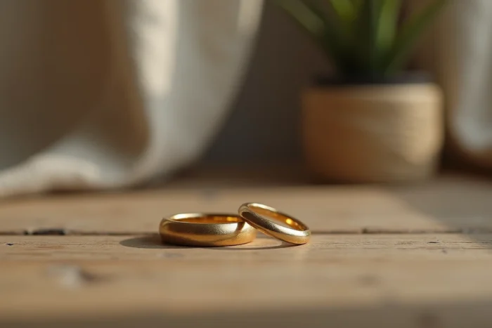 Deux alliances en or posées séparément sur une surface en bois usé, évoquant la fin d'un mariage