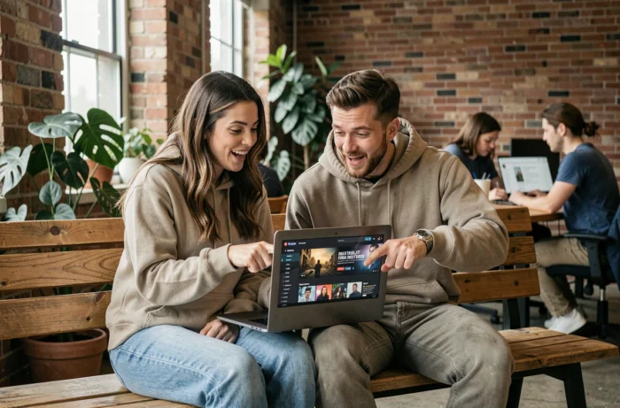 Deux amis découvrant ensemble les nouveautés du site officiel 1jour1film 2026 dans un espace de coworking