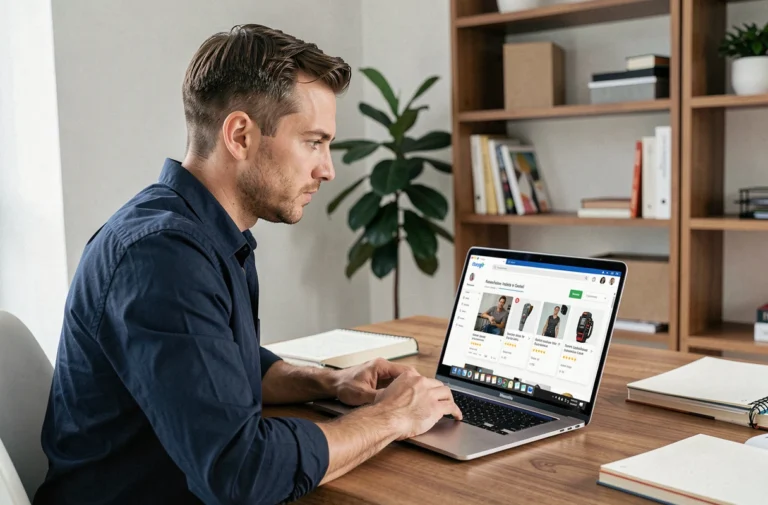 Homme analysant la fiabilité d'une plateforme d'achat en ligne sur son ordinateur portable dans un bureau à domicile