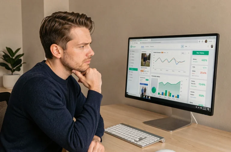 Homme skeptique analysant un tableau de bord e-commerce sur son ordinateur dans un bureau à domicile minimaliste