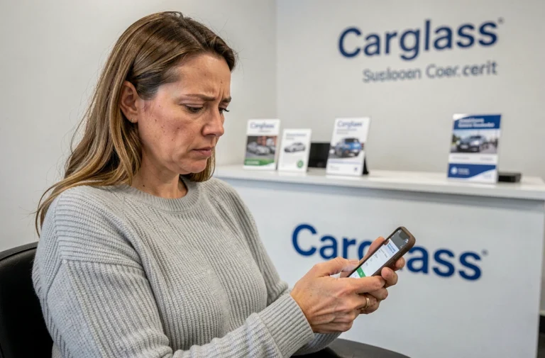 Femme consultant son smartphone pour annuler un rendez-vous Carglass dans une salle d'attente de centre de réparation automobile