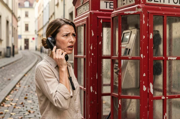 Femme passant un appel en PCV depuis une cabine téléphonique publique vintage dans une rue pavée