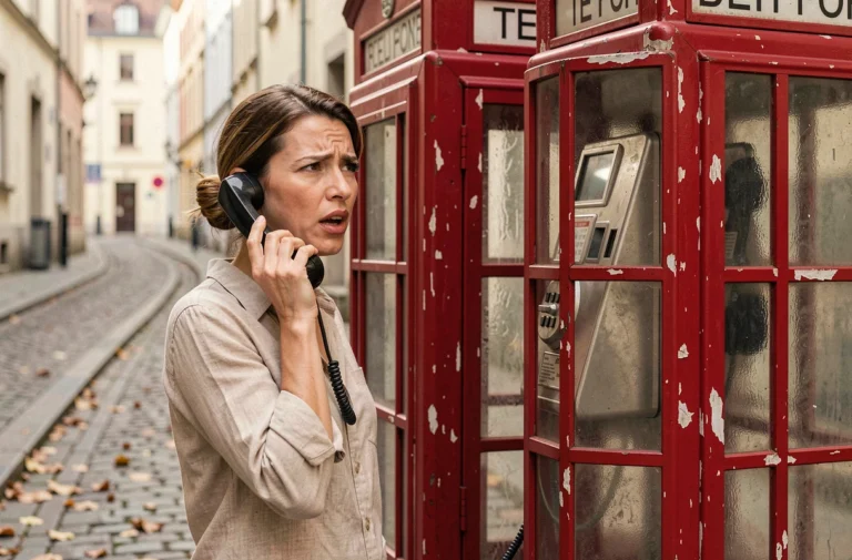 Femme passant un appel en PCV depuis une cabine téléphonique publique vintage dans une rue pavée