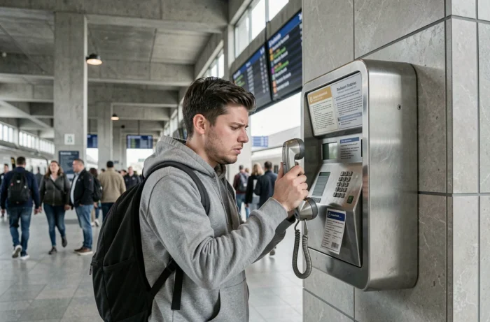 Jeune adulte en gare utilisant un téléphone public pour passer un appel en PCV avec instruction sur l'appareil