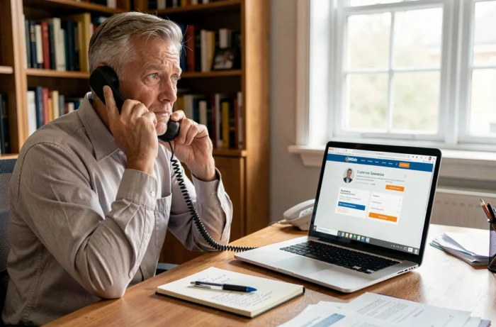 Homme au téléphone avec le service client de sa banque pour débloquer son compte LCL