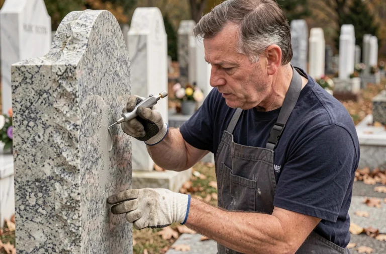 Artisan appliquant de la colle pour pierre tombale sur le dos d'une plaque funéraire en granit dans un cimetière