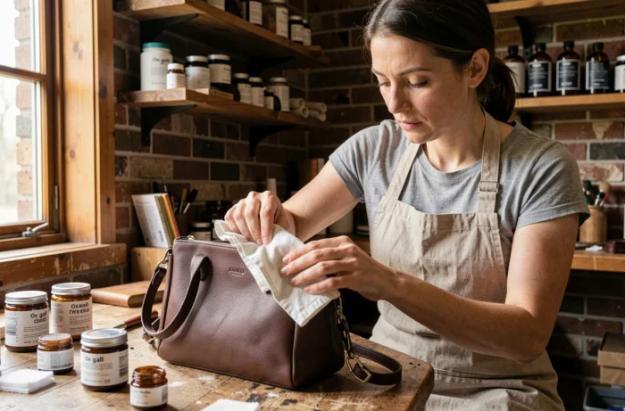 Femme appliquant du fiel de bœuf sur un sac en cuir marron avec un chiffon doux dans un atelier artisanal