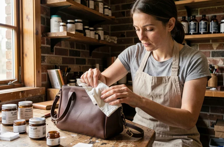 Femme appliquant du fiel de bœuf sur un sac en cuir marron avec un chiffon doux dans un atelier artisanal