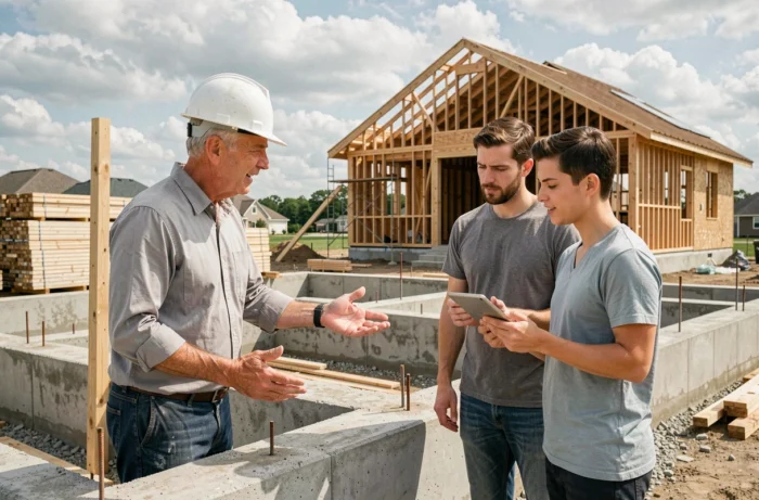 Architecte en casque discutant des plans de construction avec un couple de futurs propriétaires sur un chantier résidentiel