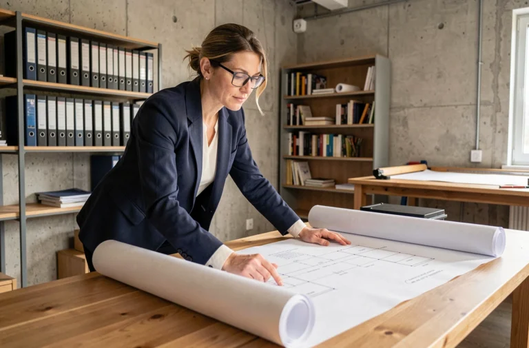 Architecte professionnelle examinant des plans de construction dans un studio moderne pour aider un client à choisir le bon expert