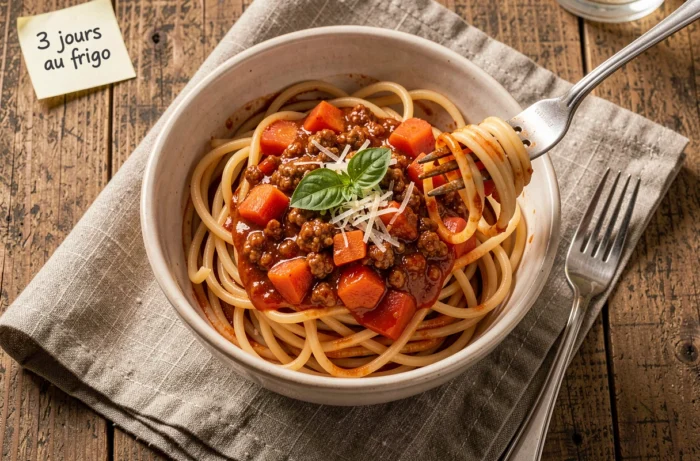 Assiette de spaghetti bolognaise maison réchauffée avec note indiquant la durée de conservation au réfrigérateur