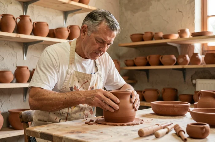 Artisan homme façonnant un vase en argile dans un atelier de poterie rustique