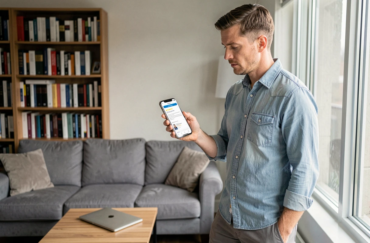 Homme lisant des avis utilisateurs sur une formation e-commerce sur son smartphone dans un salon