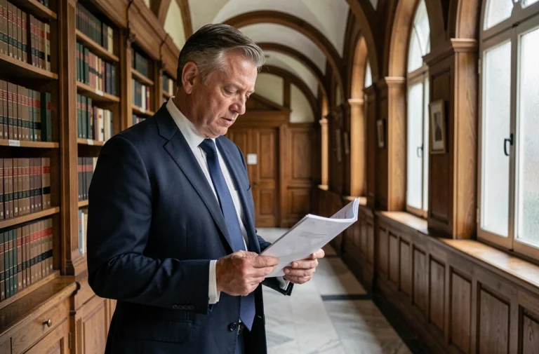 Avocat en droit civil étudiant des documents juridiques dans un couloir de palais de justice en France, illustration de l'article 1382 du code civil sur la responsabilité