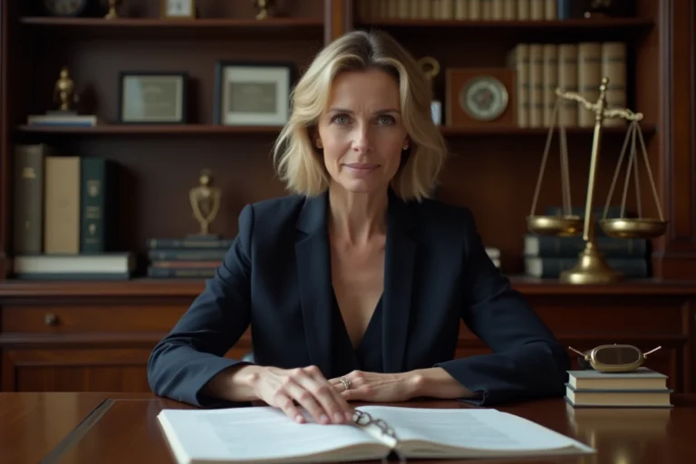 Avocate française consultant des documents juridiques dans un cabinet parisien classique