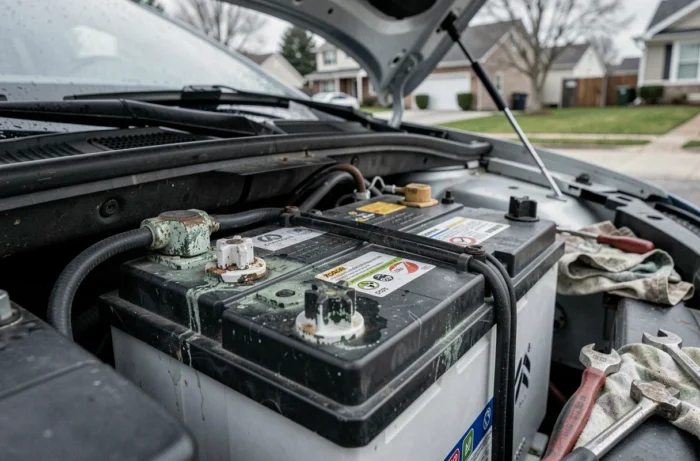 Batterie de Citroën C3 avec bornes oxydées et corrodées visibles dans le compartiment moteur