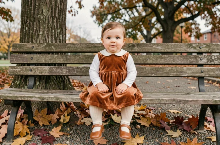 Bébé fille de 9 mois habillée d'une robe en velours rouille et de chaussures Mary Jane assise sur un banc dans un parc en automne