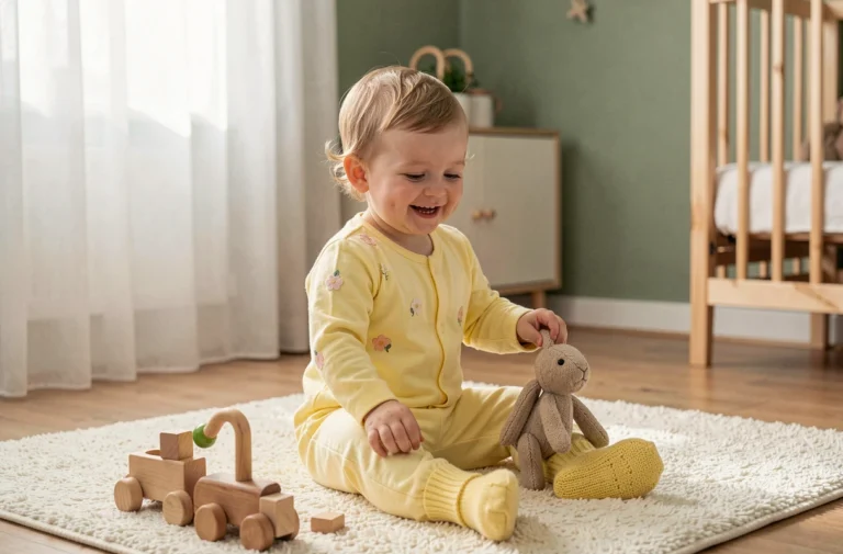 Bébé habillé en combinaison pastel jaune avec chaussons en tricot assis sur un tapis de jeu dans une chambre de style scandinave