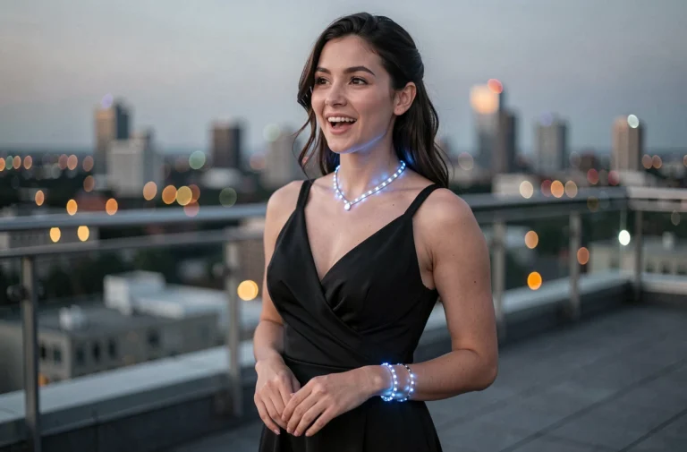 Femme portant des bijoux LED bleus lumineux lors d'une soirée en rooftop urbain