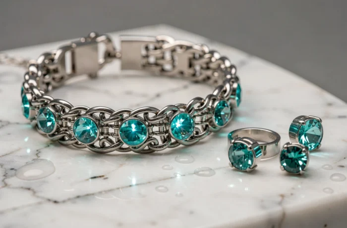 Gros plan de bijoux LED teal posés sur marbre blanc, collier et bague lumineux