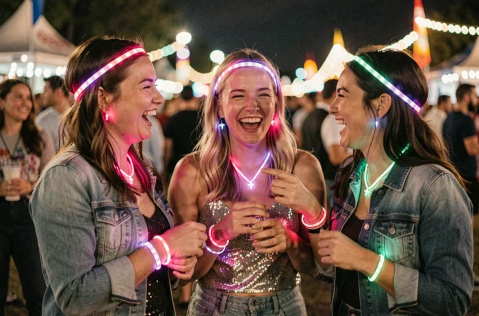 Trois amies portant des bijoux LED colorés lors d'un festival en soirée en plein air