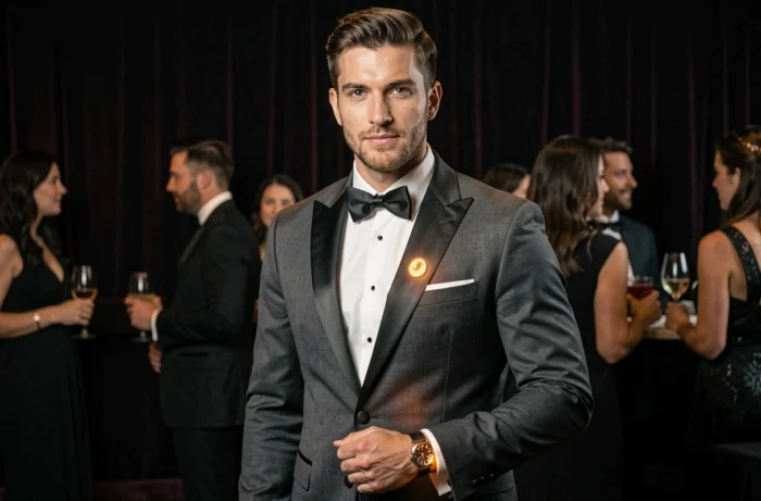 Homme en smoking portant des bijoux LED ambrés dans un lounge de soirée élégant