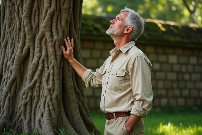 Botaniste contemplant le tronc rugueux d'un catalpa centenaire dans un arboretum historique, écorce texturée et feuillage en arrière-plan