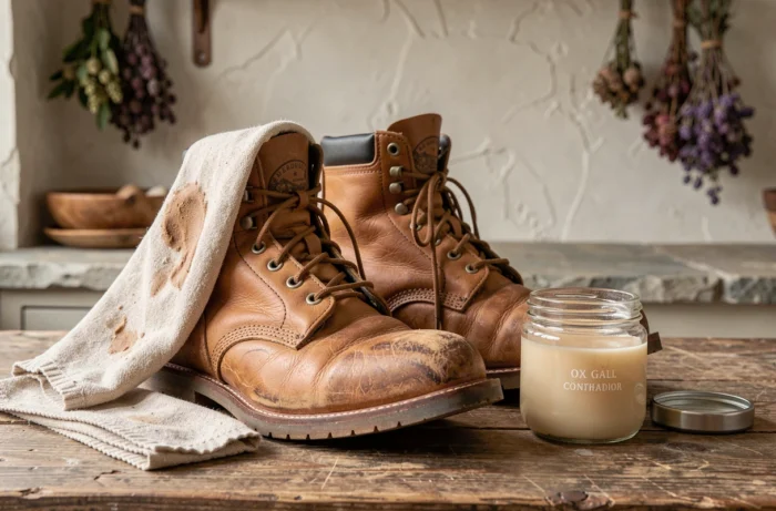 Boots en cuir usés avec un pot de fiel de bœuf ouvert et un chiffon d'application sur une table en bois rustique
