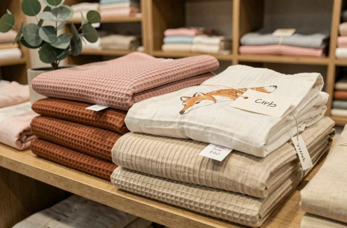 Pile de linge de bébé tendance en boutique : couvertures gaufré, swaddle en mousseline à motif renard et gigoteuse en coton bio sur une étagère en bois