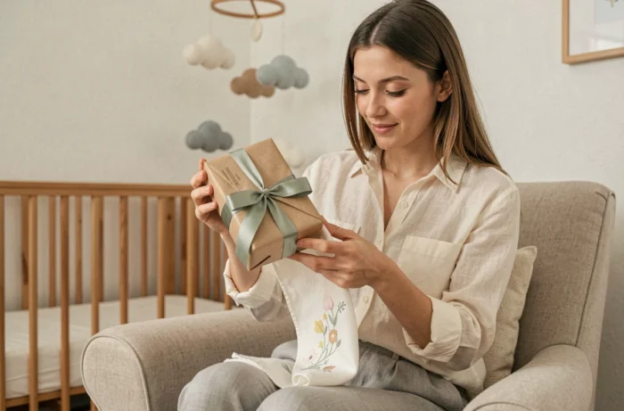 Jeune femme tenant un coffret cadeau personnalisé pour bébé avec couverture brodée dans une chambre de bébé décorée avec goût