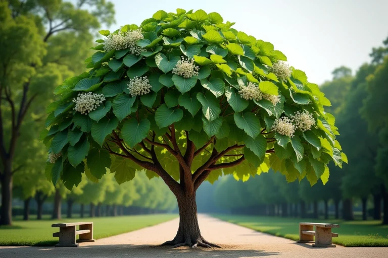 Catalpa arbre majestueux en fleurs dans un jardin botanique, feuilles en cœur et fleurs blanches trompettes visibles