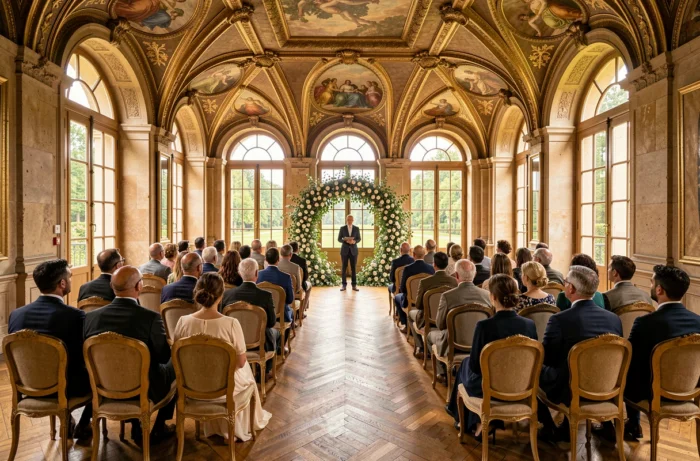 Cérémonie de mariage intimiste dans le salon d'apparat d'un manoir francilien avec parquet en chevrons et fresques classiques