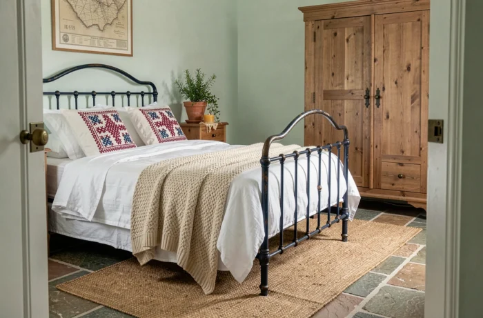 Chambre de style breton avec lit en fer forgé, linge brodé et sol en granit recouvert d'un tapis en jute