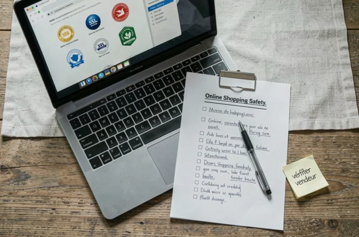 Vue aérienne d'un bureau avec checklist de sécurité pour achats en ligne et indicateurs de confiance sur écran