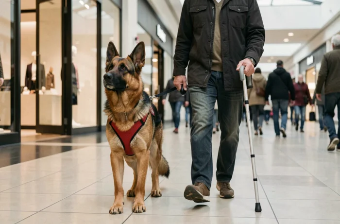 Chien berger allemand d'assistance guidant son maître malvoyant dans un centre commercial, illustrant le travail d'un chien guide certifié