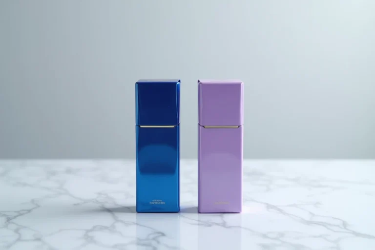 Deux paquets de cigarettes Vogue bleue et lilas côte à côte sur marbre blanc, mettant en avant les différences de couleur et de design 2026