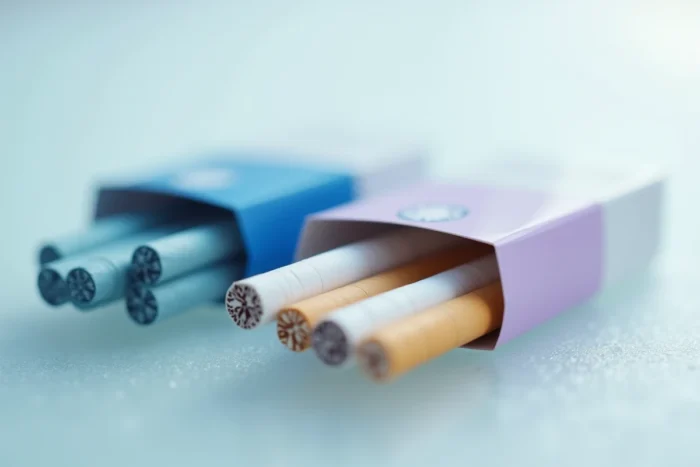 Gros plan sur deux paquets ouverts de cigarettes Vogue bleue et lilas révélant les cigarettes slim et leurs différences de filtres et de conditionnement