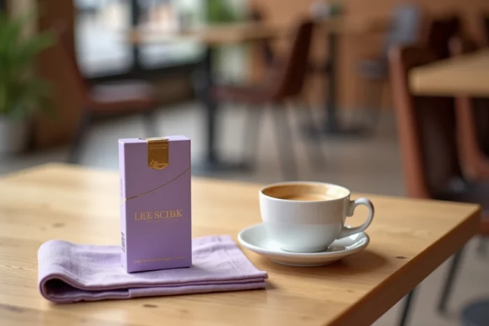 Paquet de cigarettes Vogue lilas posé sur une table en bois dans un café parisien, ambiance lifestyle élégante et raffinée