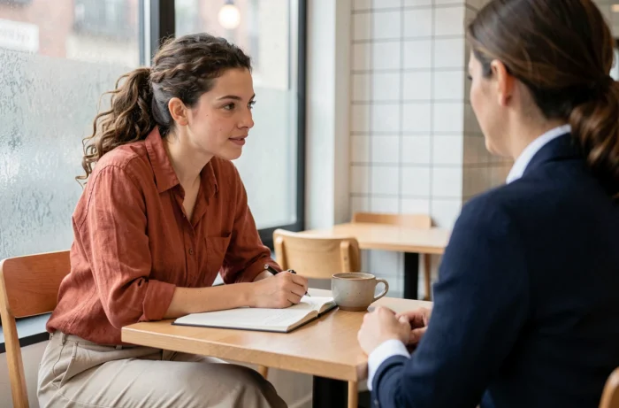 Jeune femme en reconversion professionnelle lors d'un entretien de coaching de carrière dans un café urbain, carnet ouvert et café posé sur la table